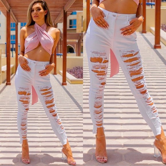 White High Waist Ripped Distressed Skinny Jeans Denim Pants